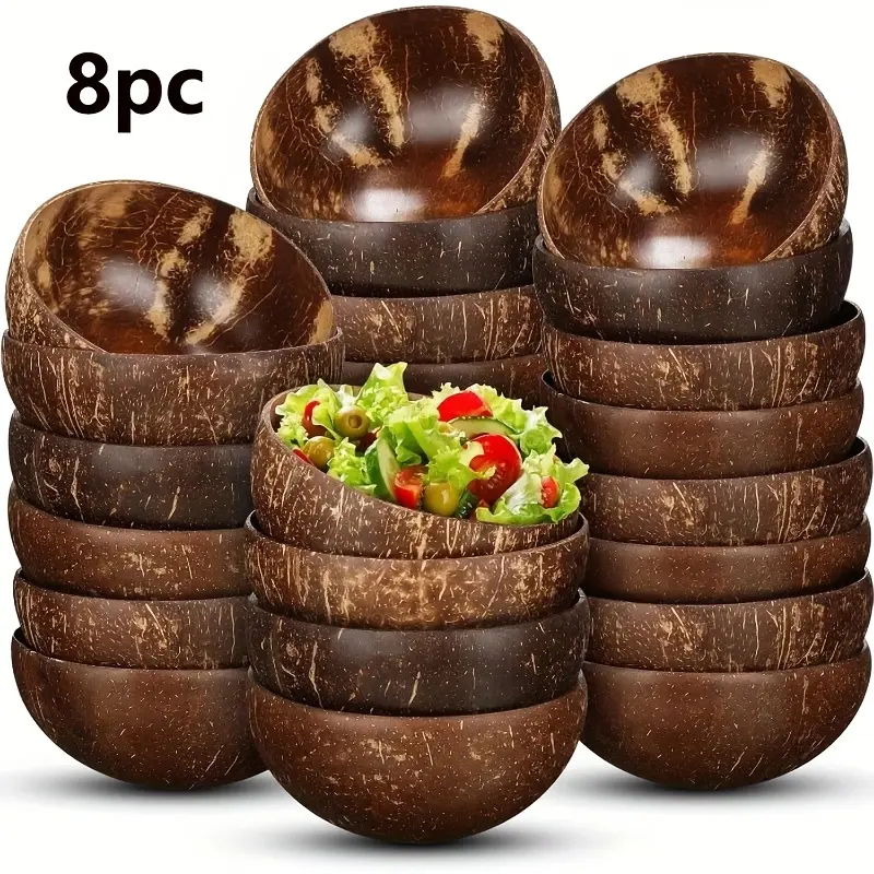 8pcs Handmade Natural Coconut Shell Bowls, Irregularly Round Made from Natural Coconuts - Salad/Smoothie Bowls - High-Quality Vegan Kitchenware with Star Pattern, Makes a Great Gift, Bowls Set