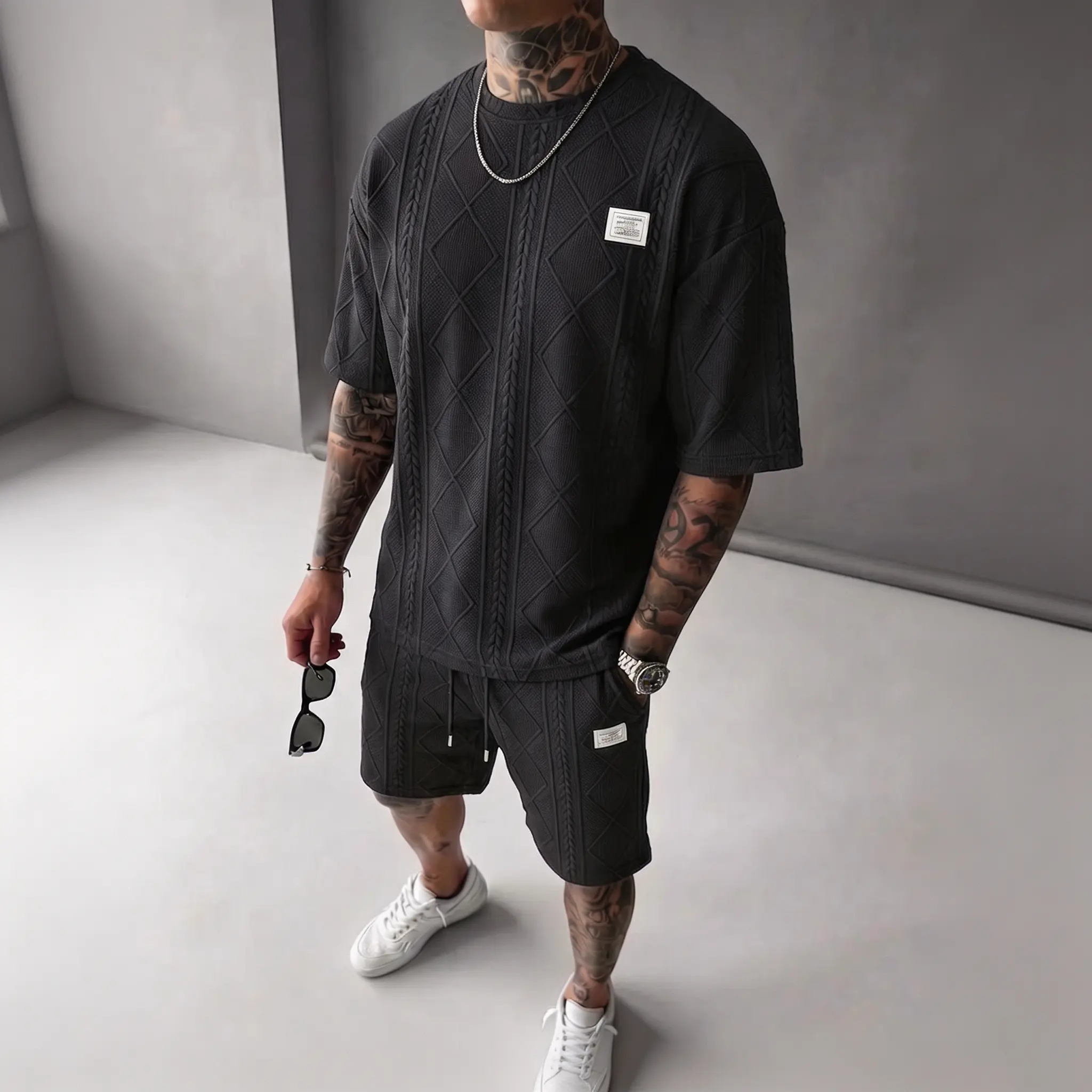 Men's 2-Piece Oversized Summer Suit - Textured T-Shirt, Drawstring Loose Shorts for Casual Daily Wear mid-length track