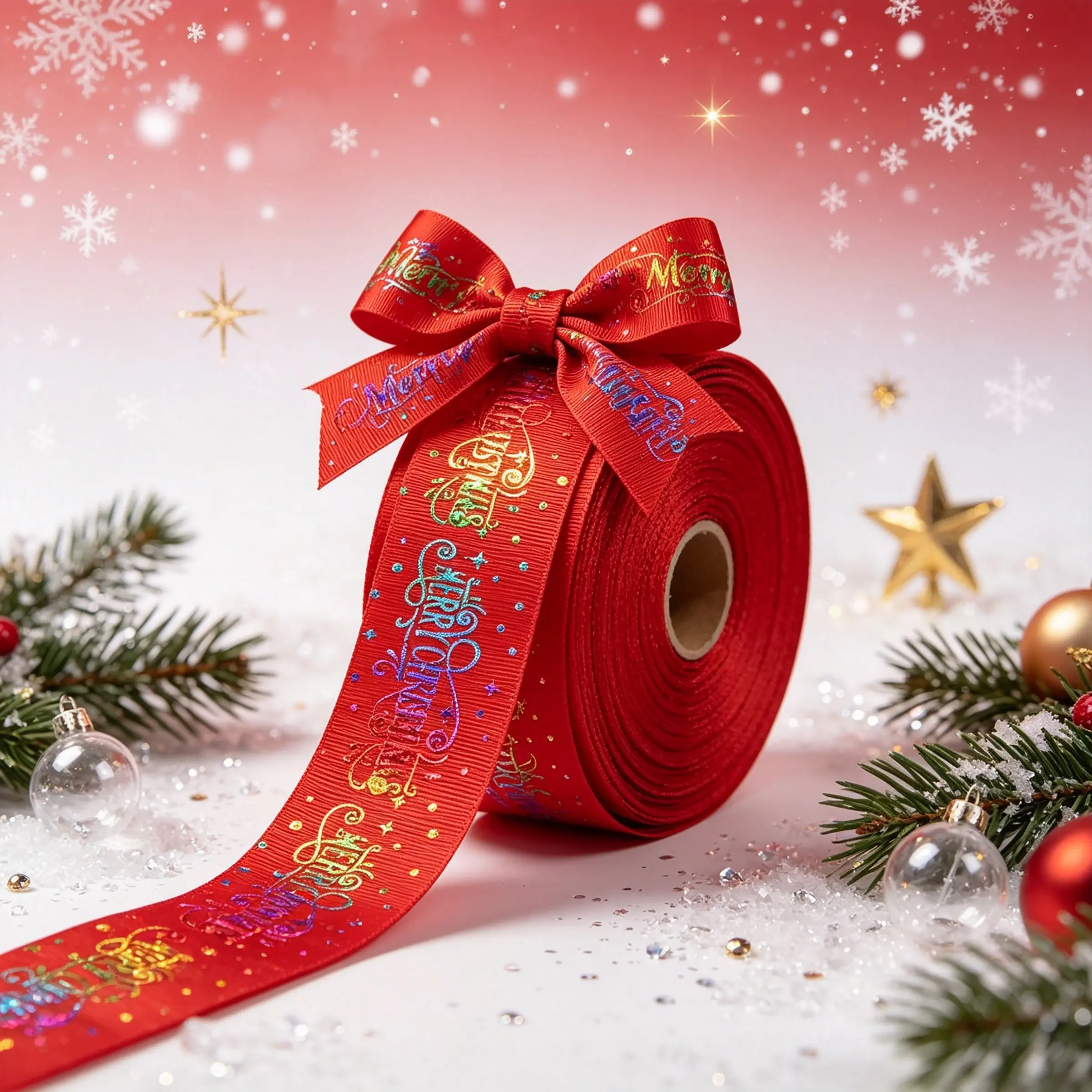 Rainbow Laser Christmas Text Ribbon 5m, Holiday Satin Ribbon Set, Gift Wrapping, Bow Clips, Craft Supplies, Decorations