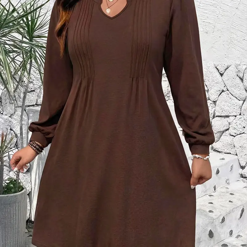 New Spring Summer Women's V Neck Bubble Sleeve Dress, Casual Loose Fit Solid Color A-Line Dress, Fashionable Ladies' Clothing