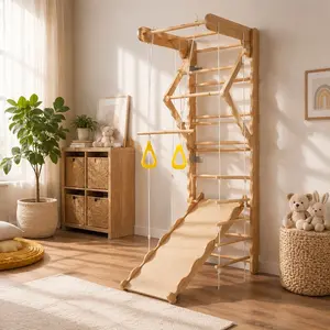 Foldable Pikler Triangle Climbing Set for Toddlers - Indoor Climbing Gym with Wall-Mount Ladder, Natural Pine Wood, 78.74x23.62x24.40 in, 37.14 lbs, Disassemblable for Easy Storage, Birthday Gift
