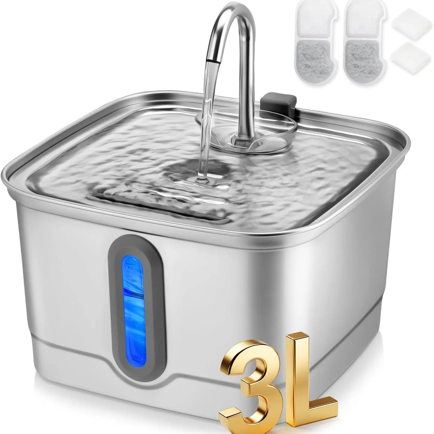 Ultra-Quiet Low-Noise Pet Water Fountain, 28db Stainless Steel Automatic Circulation, 3L Capacity, Multi-Layer Filtration, Level Indicator
