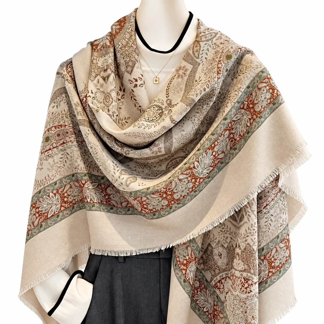 Boho 130x130cm Cotton Linen Square Scarf, Vintage Floral Print, Lightweight Multi-Functional Shawl Wrap for Travel, Sunscreen Outerwear Blanket Cover