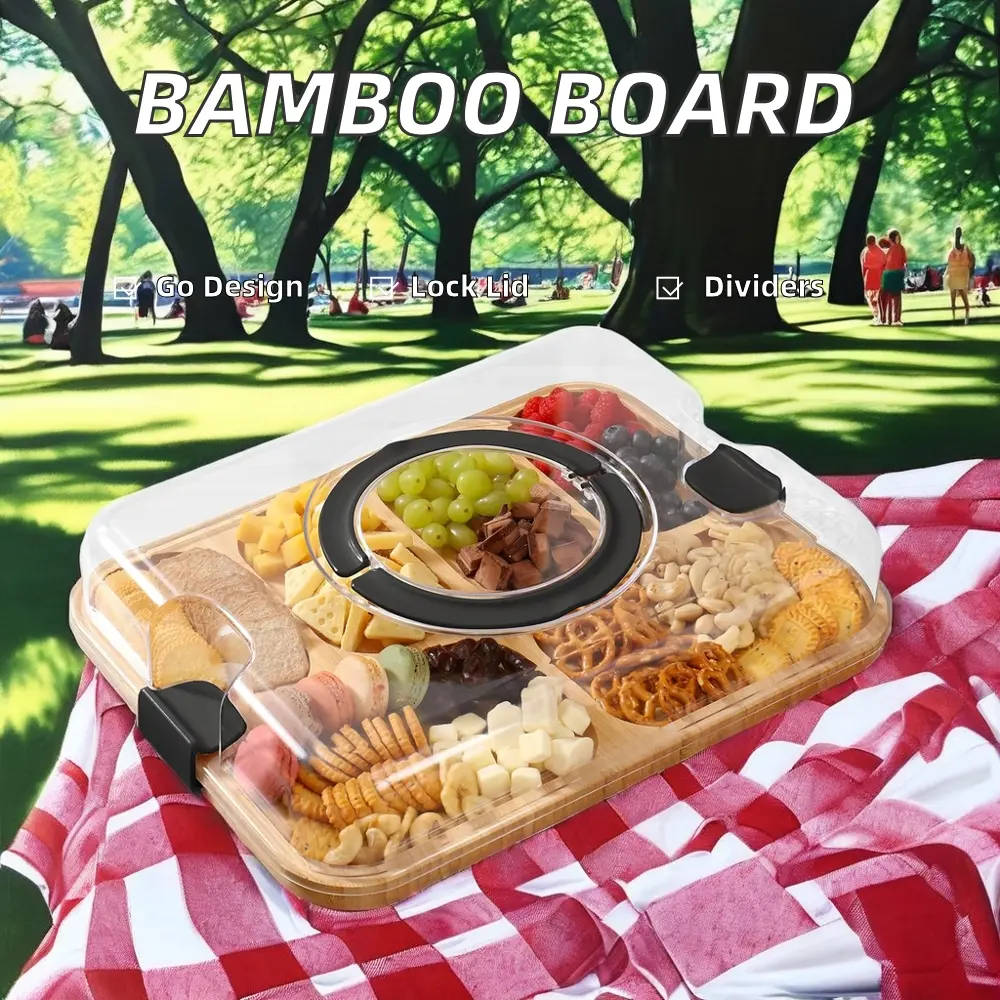 Charcuterie Board with Transparent Lid, Double-Sided Bamboo Cheese Board & Portable Serving Tray. Suitable for Cheese, Snacks, Fruit, and Appetizers, Ideal for Kitchen & Party Food Displays. Features Foldable Handle and Reverse, Side Prep Board.