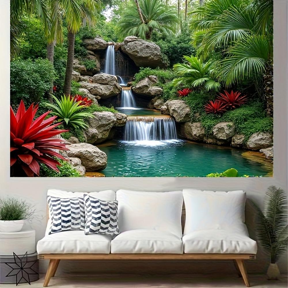 1PC,2D Flat Tropical Rainforest Waterfall Tapestry, Natural Scenery Wall Hanging, Decorative Cloth for Bedroom & Living Room, Outdoor Picnic Mat, Digitally Printed Tapestry, Ideal for Homestay Deco