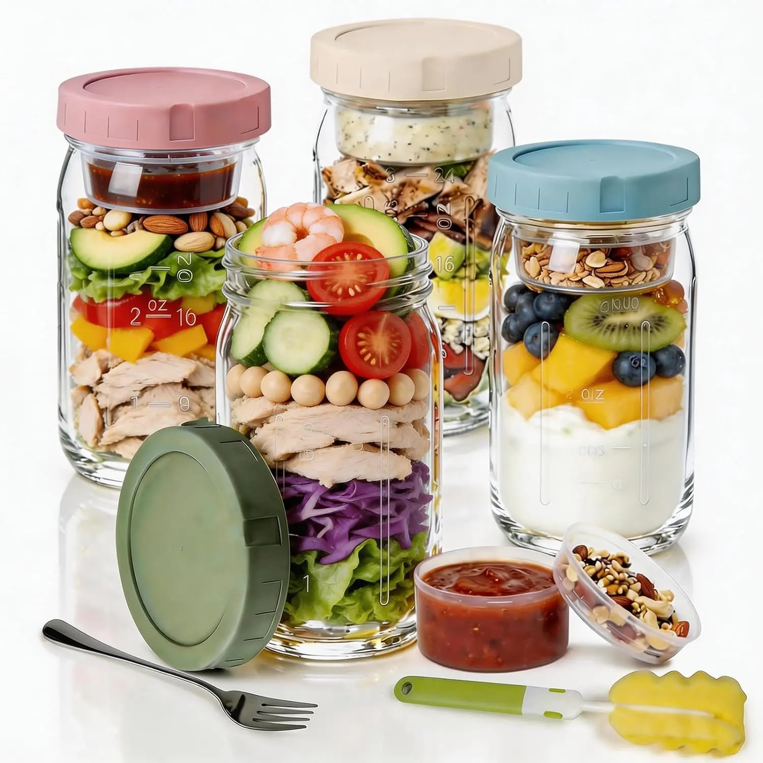 4-Pack 32oz Leakproof Mason Jar Salad Containers with 2-in Compartments & Dressing Cups, Wet/Dry Separation Glass Jars for Meal Prep, Portable Lunch Containers for Office Travel