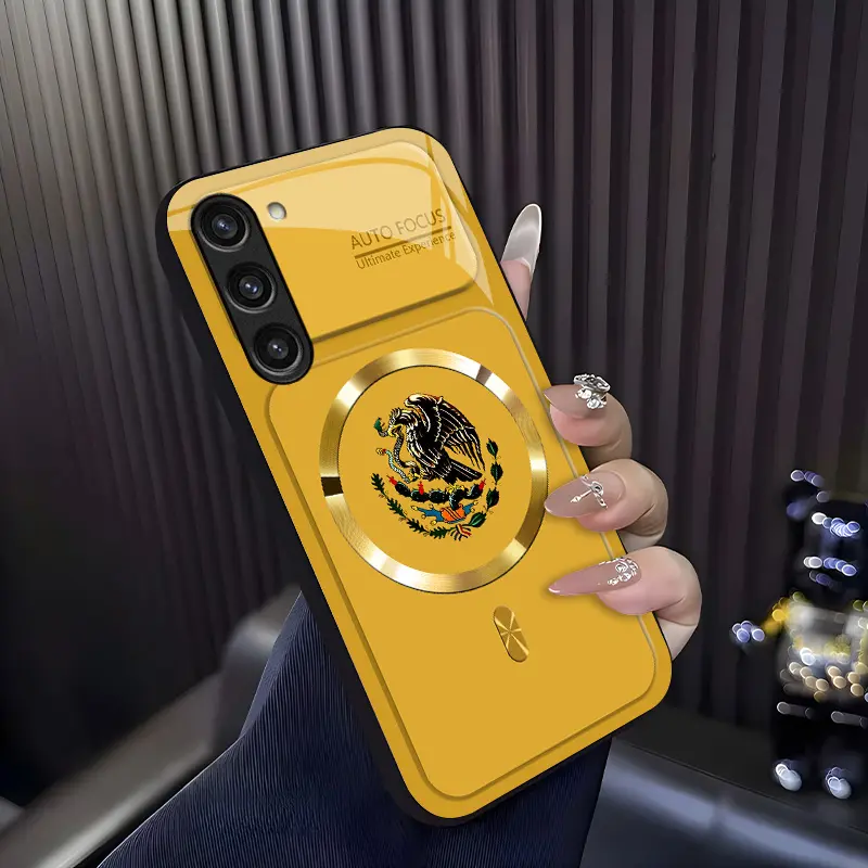 Suitable for【Galaxy S23 5g】Mexican Eagle Ethnic Totem Phone Case, Vintage Latin Culture Print Design, Shockproof & Wear-Resistant Protective Cover, Magnetic Charging Glass Case, MagSafe，Unisex Ethnic Style Phone Case.-XS9527