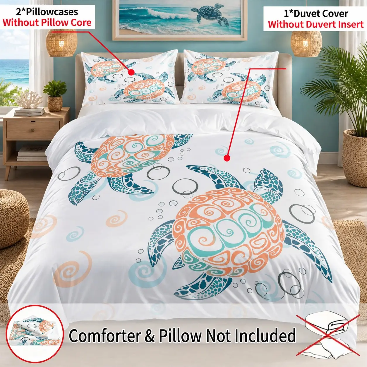 Fresh and simple ocean style turtle pattern duvet cover pillowcase three piece set (1 duvet cover+2 pillowcases) unfilled, soft polyester fabric bedding, suitable for daily bedroom, guest room, dormitory universal decoration bedding