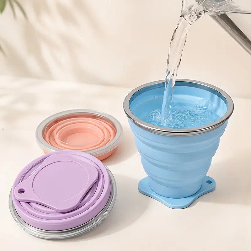 2pcs Portable Travel Folding Silicone Cups, 6.09oz Capacity, Outdoor Sports Rinse Cup with Lid, Collapsible Heat-Resistant Silicone Water Cup, Suitable for Brewing Tea, Outdoor Camping, Picnics, and Lawn Activities