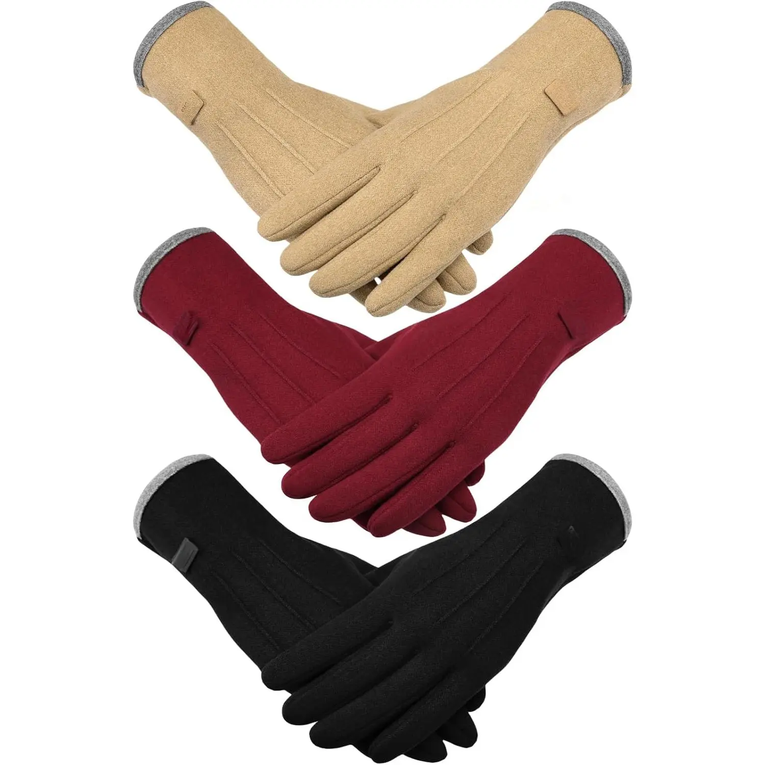 Female Gloves for Women's Winter Cold Weather - 3 Pairs Full Finger, Fleece Lined, Thermal, Touch Screen, Windproof - Colors: Black&Grey&Beige, Grey&Black&Coffee, Keep Warm