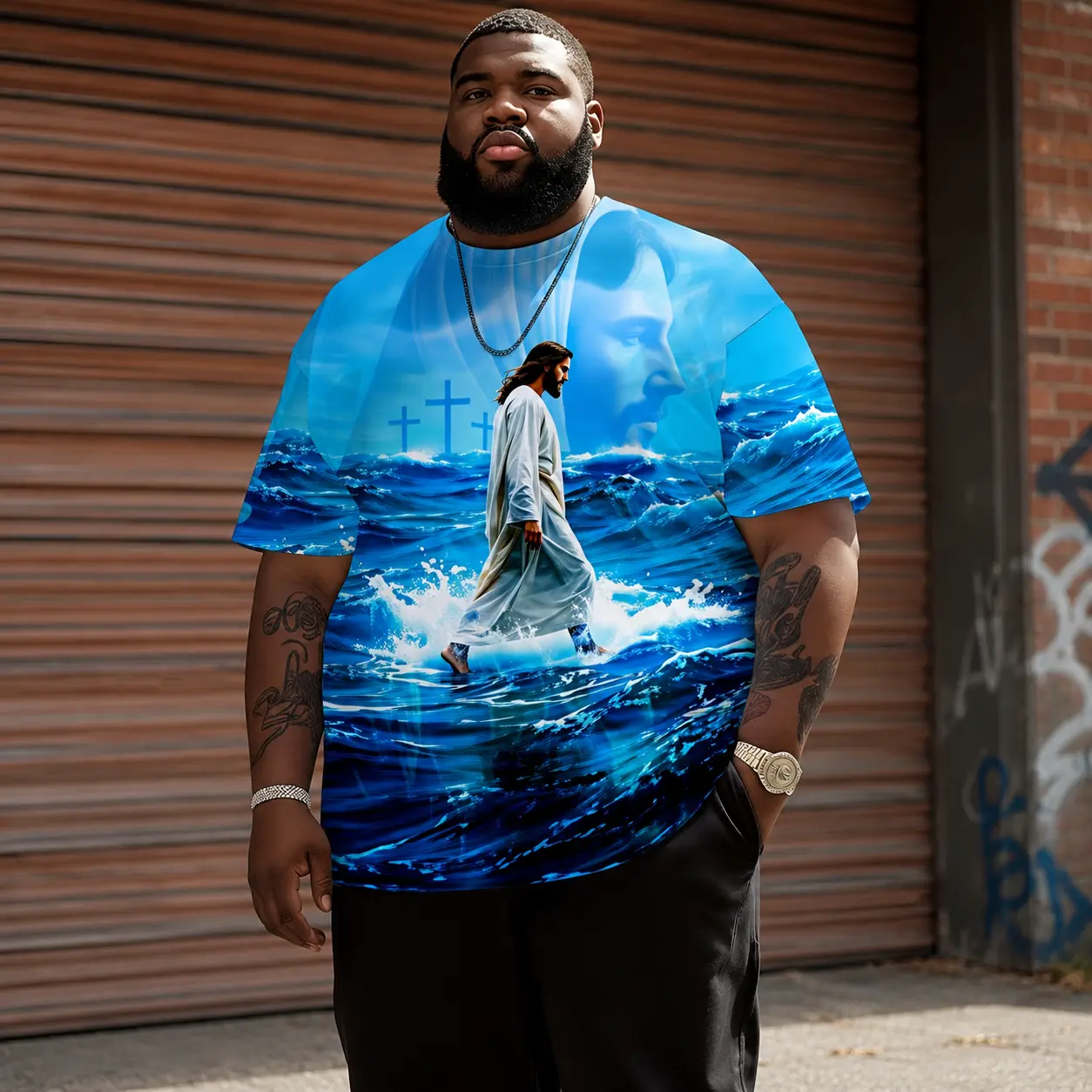 Men's Jesus Image Walking on Water Graphic T-Shirt - Menswear Tops, Short-Sleeve Crew Neck, Christian Faith Cross Ocean Tee for Church, Casual Religious Gifts, Shortsleeve