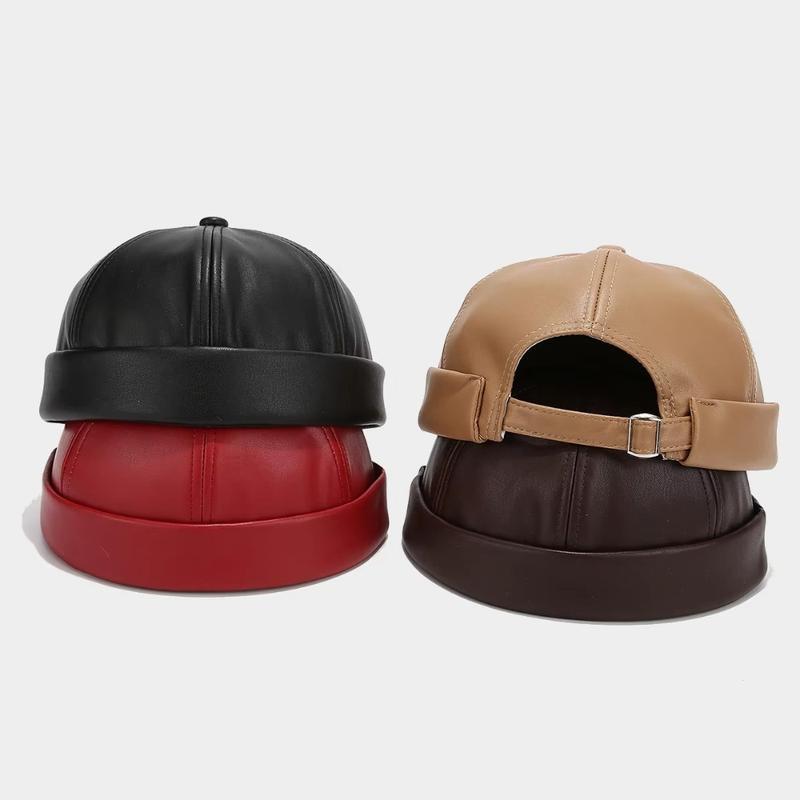 Adjustizable Retro Brimless PU Leather Docker Cap - Solid Color Brimless Hat Suitable for Non-Textile Adjustable Strap Casual & -Casual Wear Ideal for & Sensitive Light Beige