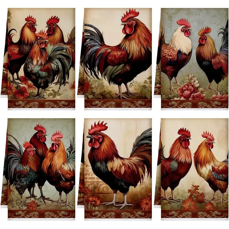 6-Piece 16x24 inch Vintage Rooster Floral Kitchen Towel Set, American Farm Rooster and Floral Print Dishcloth, Rustic Farmhouse Style Soft and Absorbent Hand Towels, Country Kitchen Decor