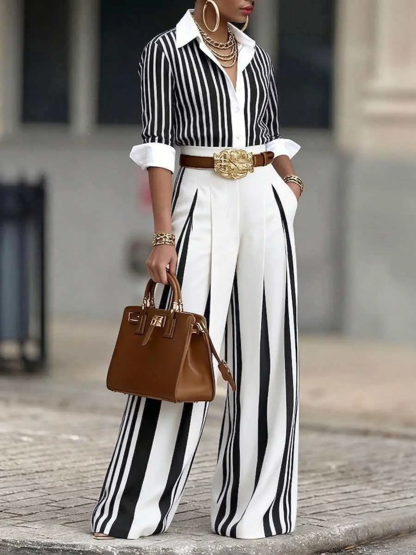 Women's 2-Piece Striped, Button Down Shirt & Wide Leg Pants, Casual Matching Set, Long Sleeve, Office Wear