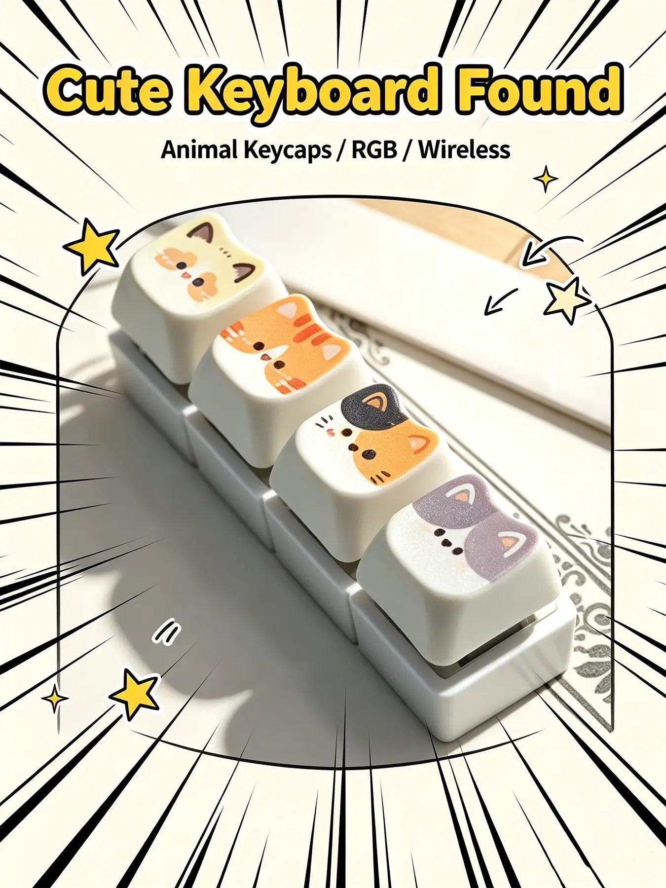 Mini 4 Key Fidget Mechanical Keyboard, Cute Cartoon Cat Colorblock Design PBT Keycaps With Silicone Lanyard, Pocket Stress Relief Bag Charm For Teens Cat Lovers
