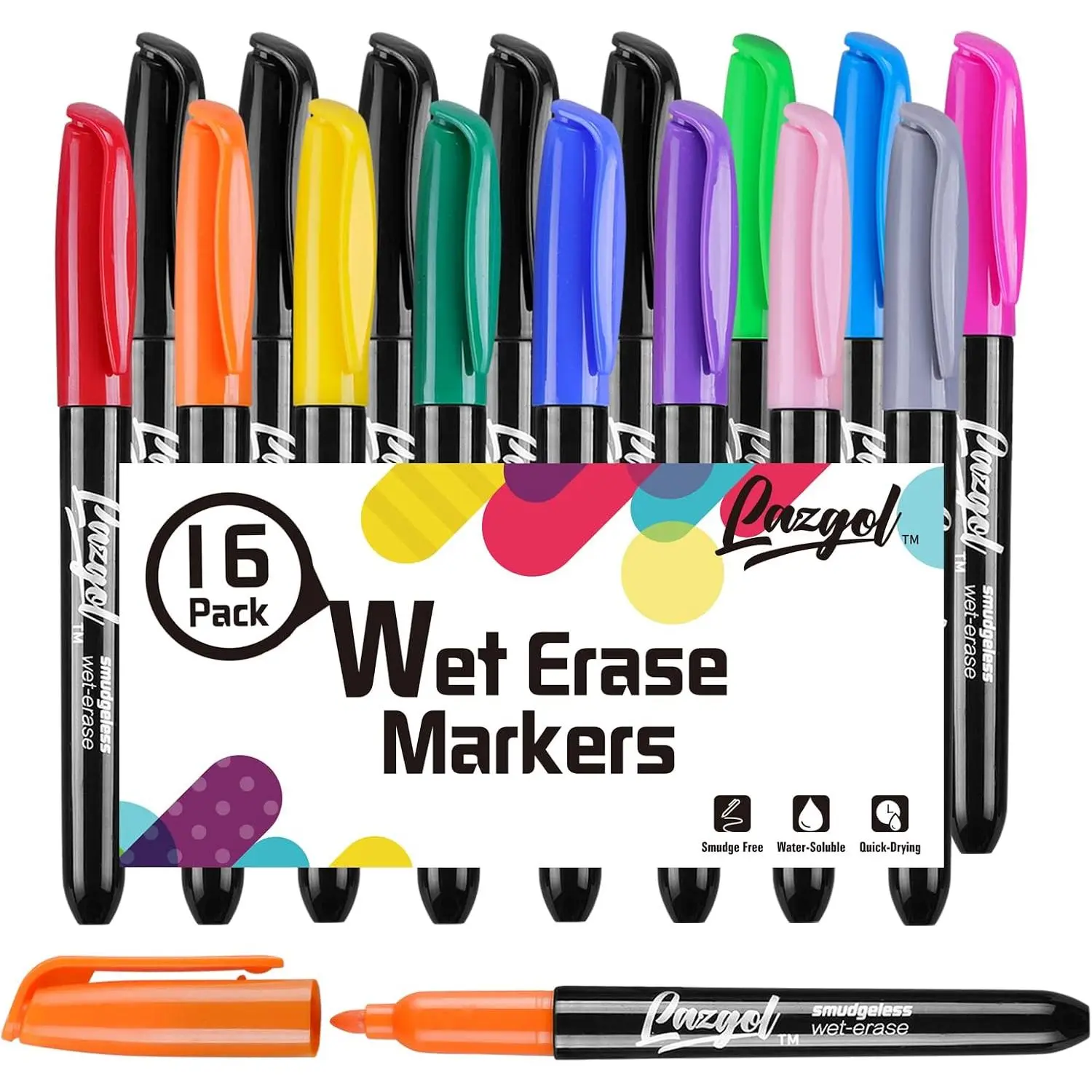 Wet Erase Markers, Bulk Pack of 16 (12 Colors) Fine Tip Overhead Transparency Smudge Free Markers for Dry Erase Whiteboard, Refrigerator Calendars, Glass and Films, Erase with Water