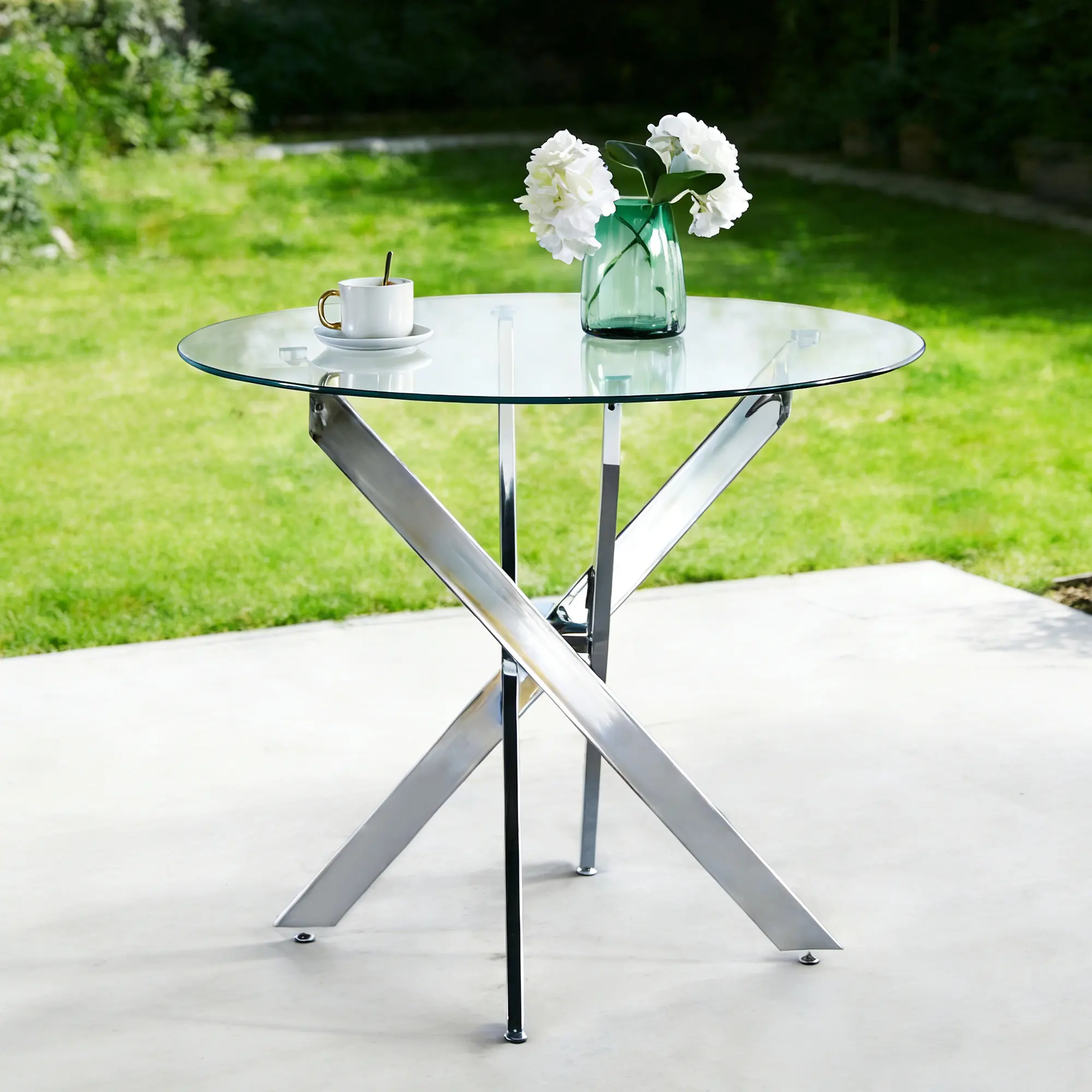 ARCH Modern Square Dining Table - 35.43" Size, Cross Legs, Metal Base, Tempered Glass Top, Chrome Finish, Space-Saving Indoor Kitchen Table, Easy Assembly, Glass+Metal Material, 35.43W x 35.43D x 29.13H in
