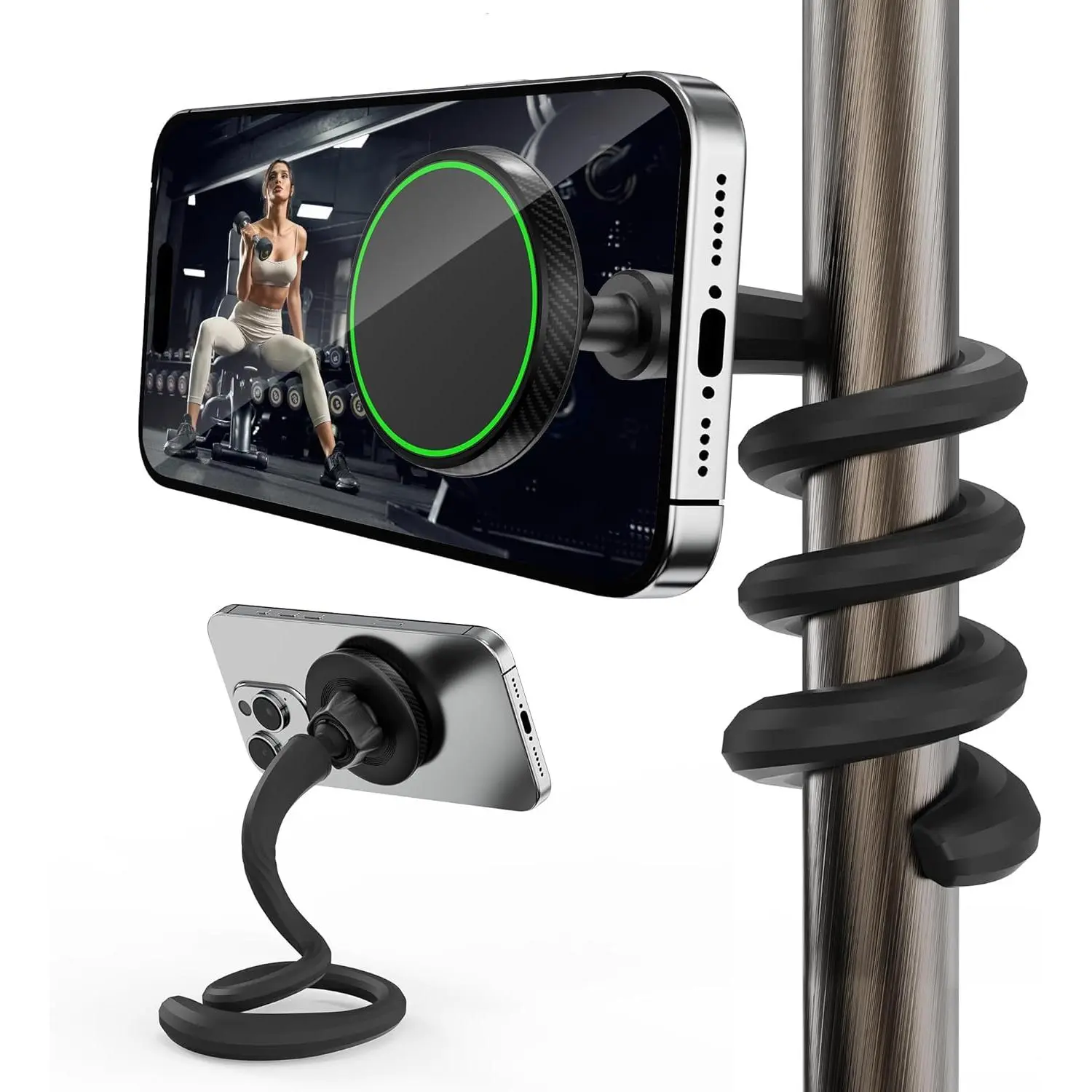Flexible Metal Gooseneck Magsafe-Compatible Smartphone Holder Stand - Portable Handle Tripod for Treadmill, Shopping Cart, iPhone 12-17 & Android Devices, Gym Gifts (Landscape View Support)