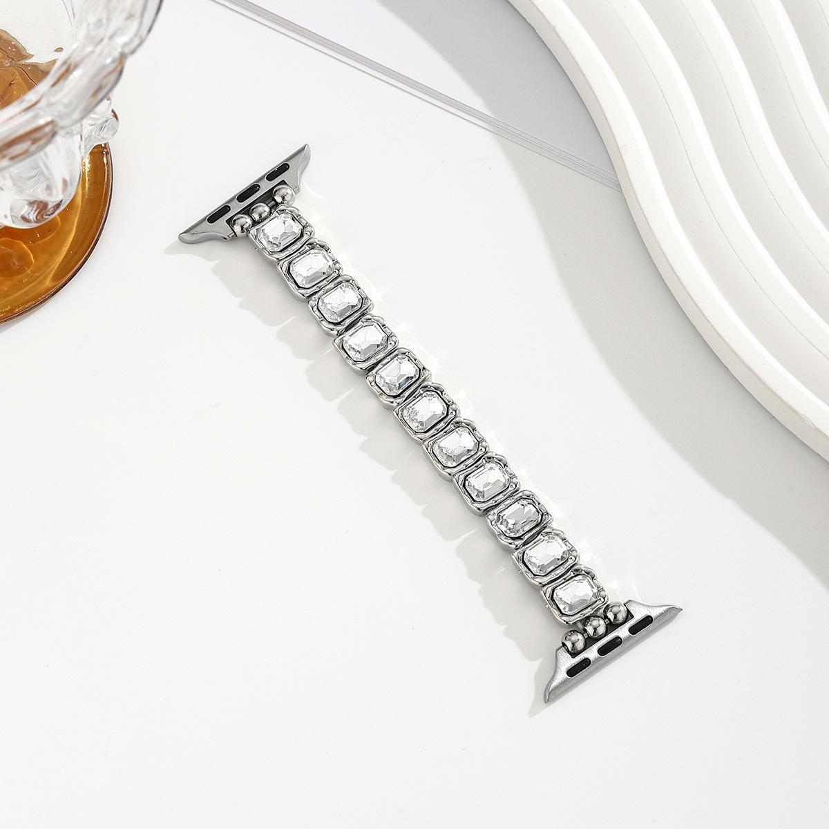 Apple Watch Gemstone Bracelet Band – Elastic Stretch Beaded Design with Metal Details, Fits 38–49mm, Elegant Jewelry Strap for Women