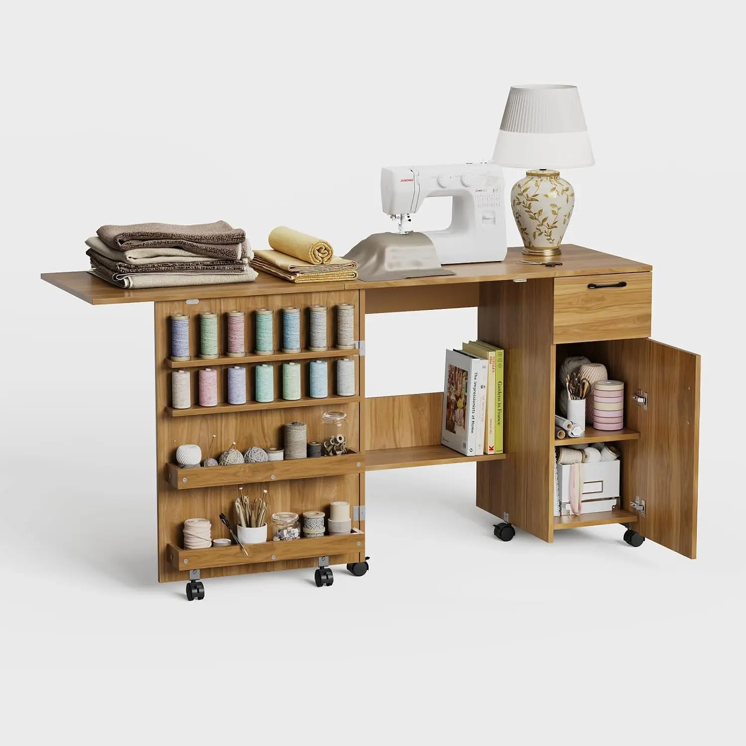 Functional Folding Sewing Table - Sewing Tool Kit Accessory with Multiple Storage Shelves, Sliding Drawer, and Rolling Craft Station for Organized Crafting Workspace, Folding Table