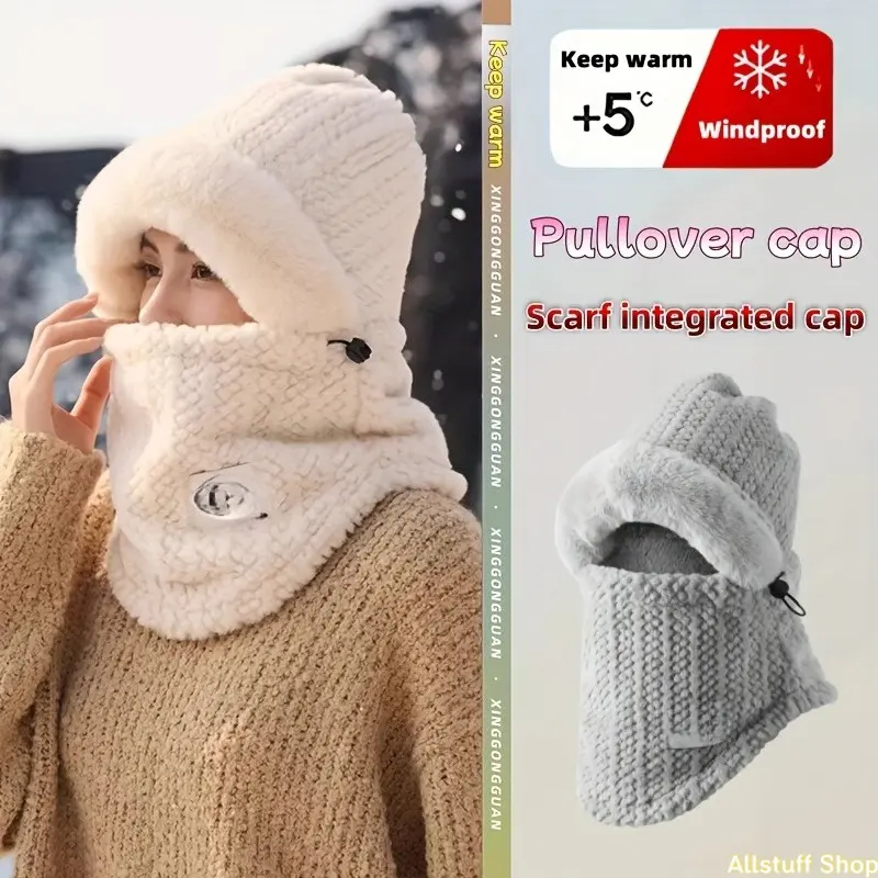 Winter Women'S Scarf One-Piece Cap, Thickened, Warm, Cold-Resistant, Pullover Cap, Suitable for Winter Outdoor Leisure And Cycling Wear, a Winter Gift for Women