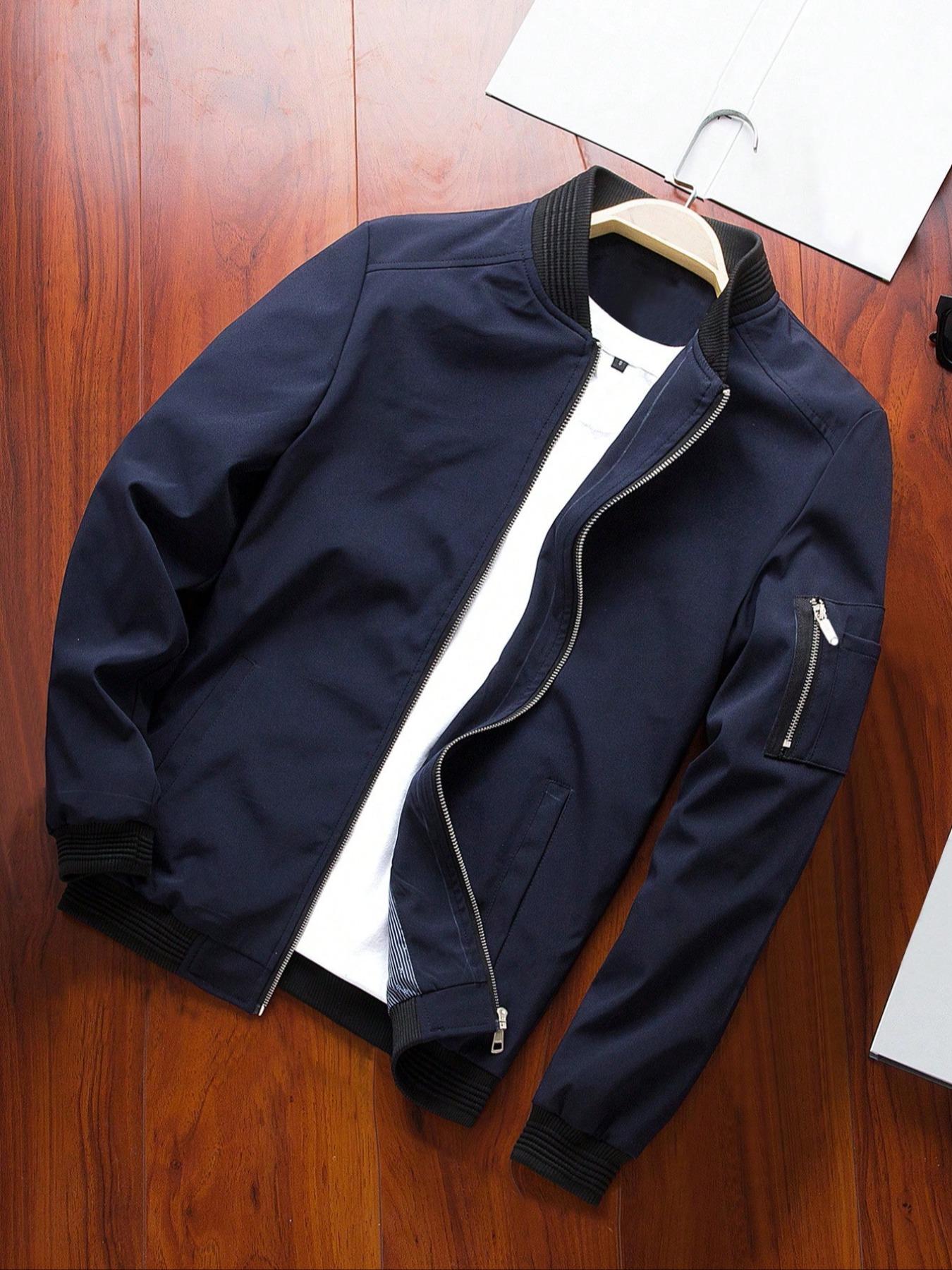 Men's Zipper Pocket Baseball Collar Varsity Jacket, Bomber Jacket Coat, Regular 2024 Mens Jacket, Casual Solid Color Baseball Jacket, Mock Neck Jacket, Going Out Outfit, Men's Streetwear Outerwear for Fall & Winter, Fall Clothes
