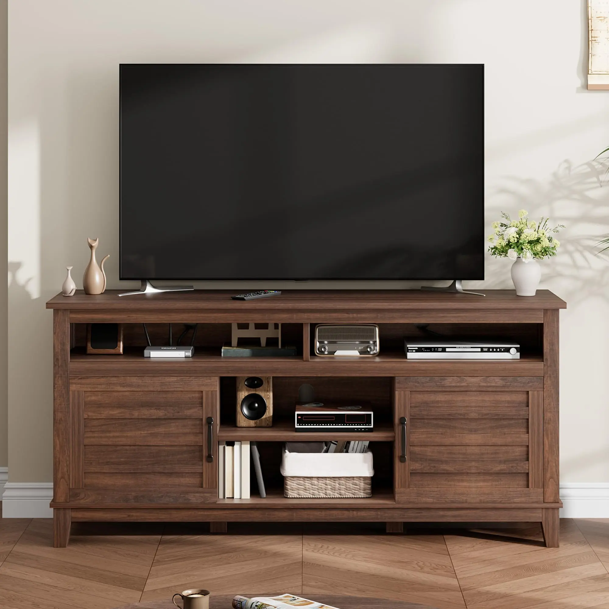 65" Floor TV Stand - Modern Television Console Table, TV Cabinet Table with Double Doors, 8 Compartments, Adjustable Shelves - Easy Assembly Storage Furniture for Bedroom