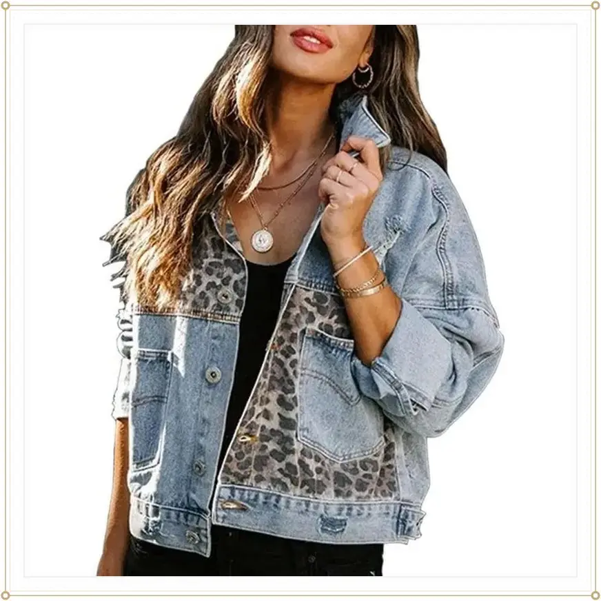 Womens Button Down Distressed Leopard Denim Jean Jacket Washed Long Sleeve Ripped Cheetah Jean Coat Casual Womenswear Fitted Medium Length All Seasons Outerwear