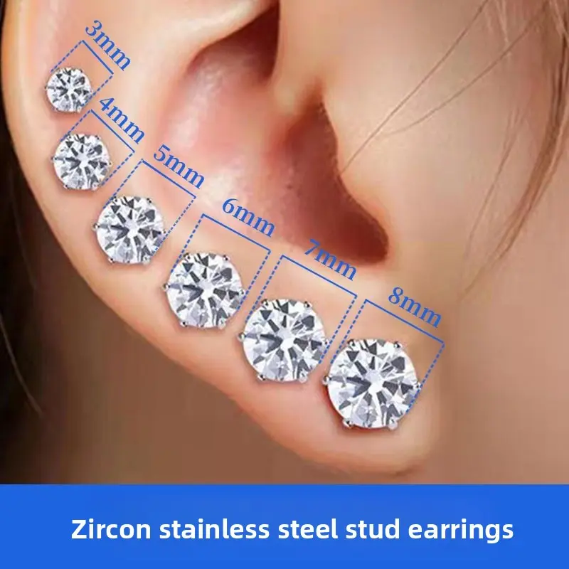 1Pair Sparkling Stainless Steel 6-Prong zirconia Stud Earrings Hypoallergenic Daily Decor Ear Bone Jewelry 3-8MM girl night gauge cartilage women
