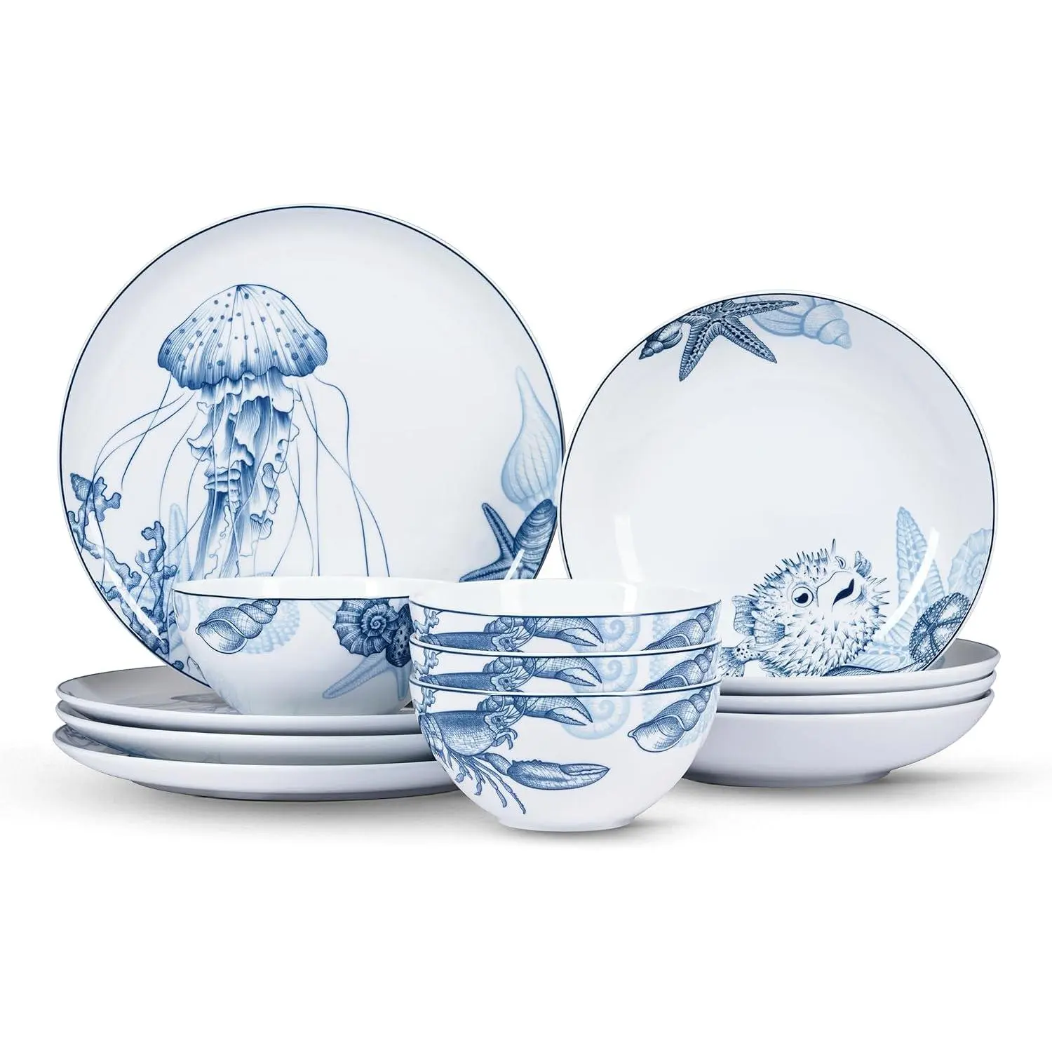 12-PCS Porcelain Coastal Dinnerware Set, Plates, Bowls, Service for 4, Chip & Scratch Resistant, Oven Safe up to 482°F, Non , Lead & Cadmium Free, Stackable, Dishwasher & Microwave Safe