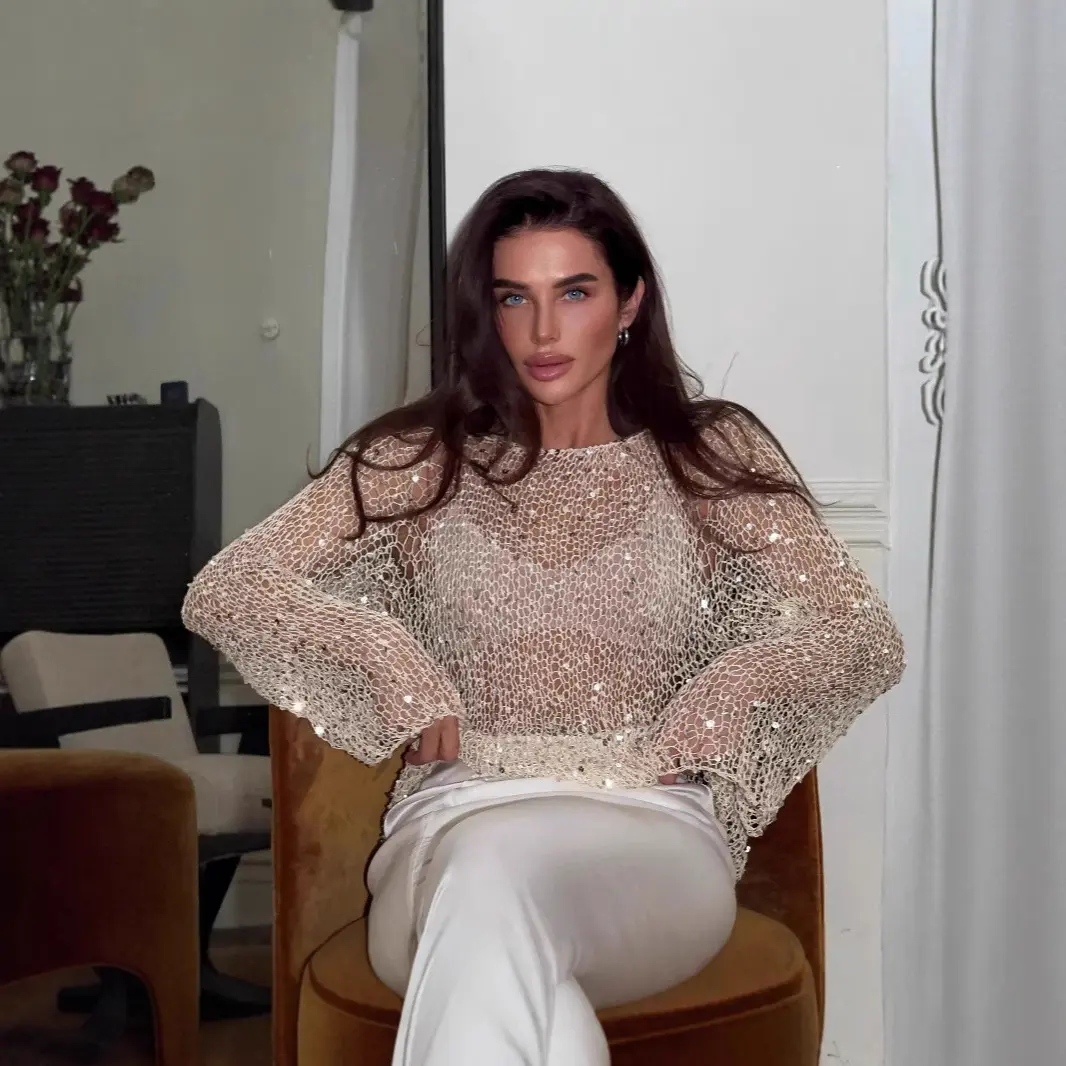 Sequin Embellished Knit Top for Women Sexy Fitted Long Sleeve Turtleneck Sparkly Club Night Out Shirt