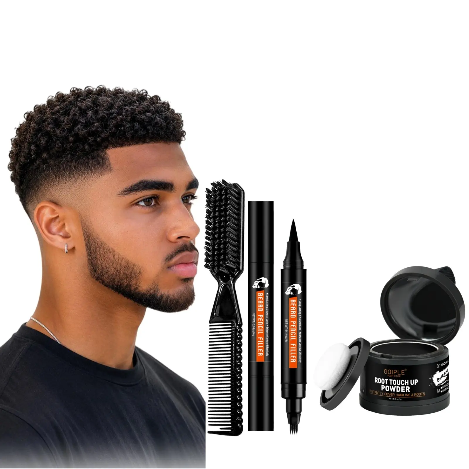Beard Filling Kit | Beard Pencil Filler + Hair Shadow Powder + Styling Brush, Waterproof Sweat Proof Beard Pen, Fill Patchy Beard & Hairline, Men Grooming Must Have, Natural Fuller Beard Makeup Set