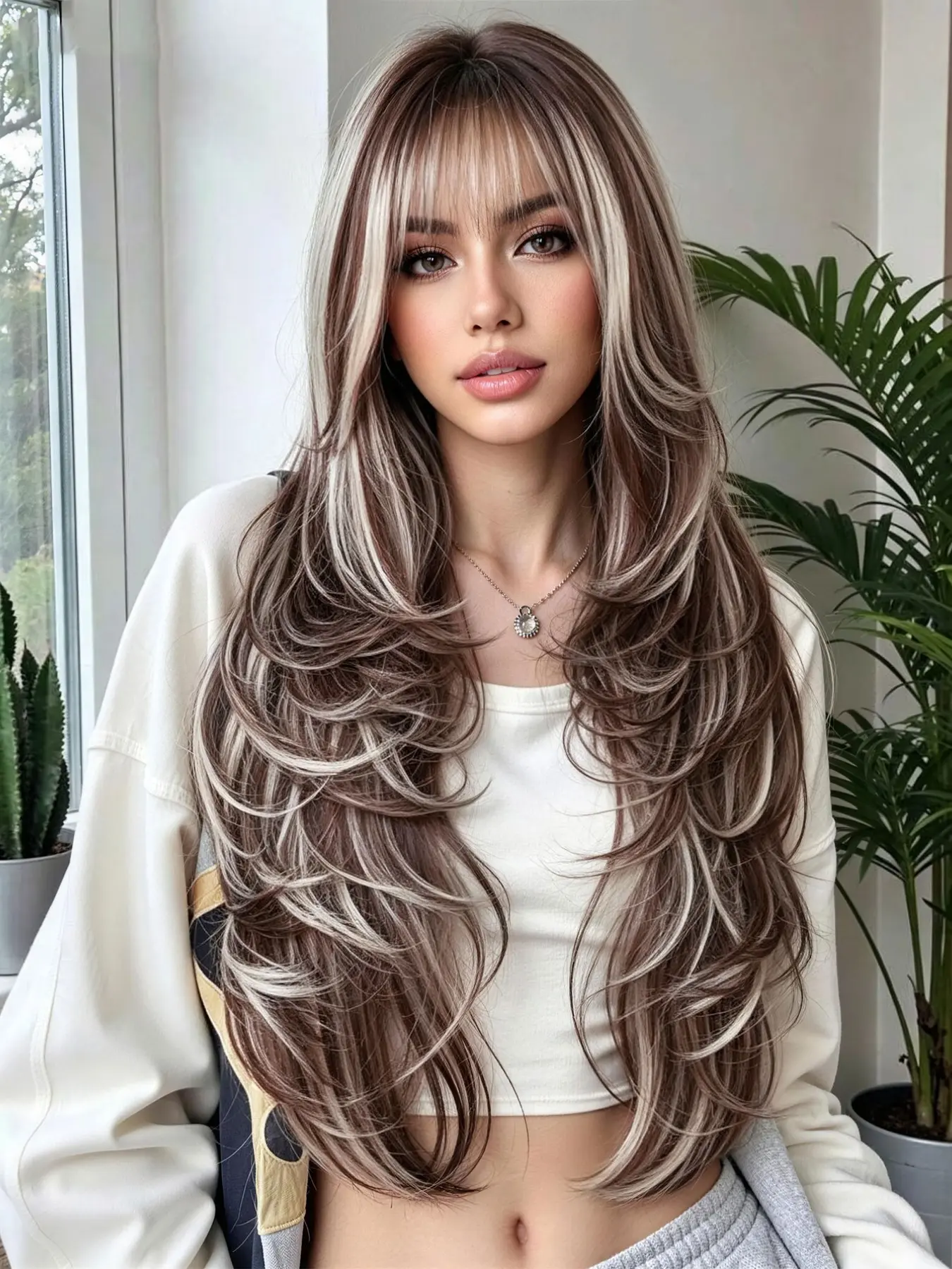 24-Inch Highlights Long Wig for Women, Heat-Resistant Premium Synthetic Hair, Breathable Rose Net Cap, Ideal for Halloween, Cosplay, Daily Wear