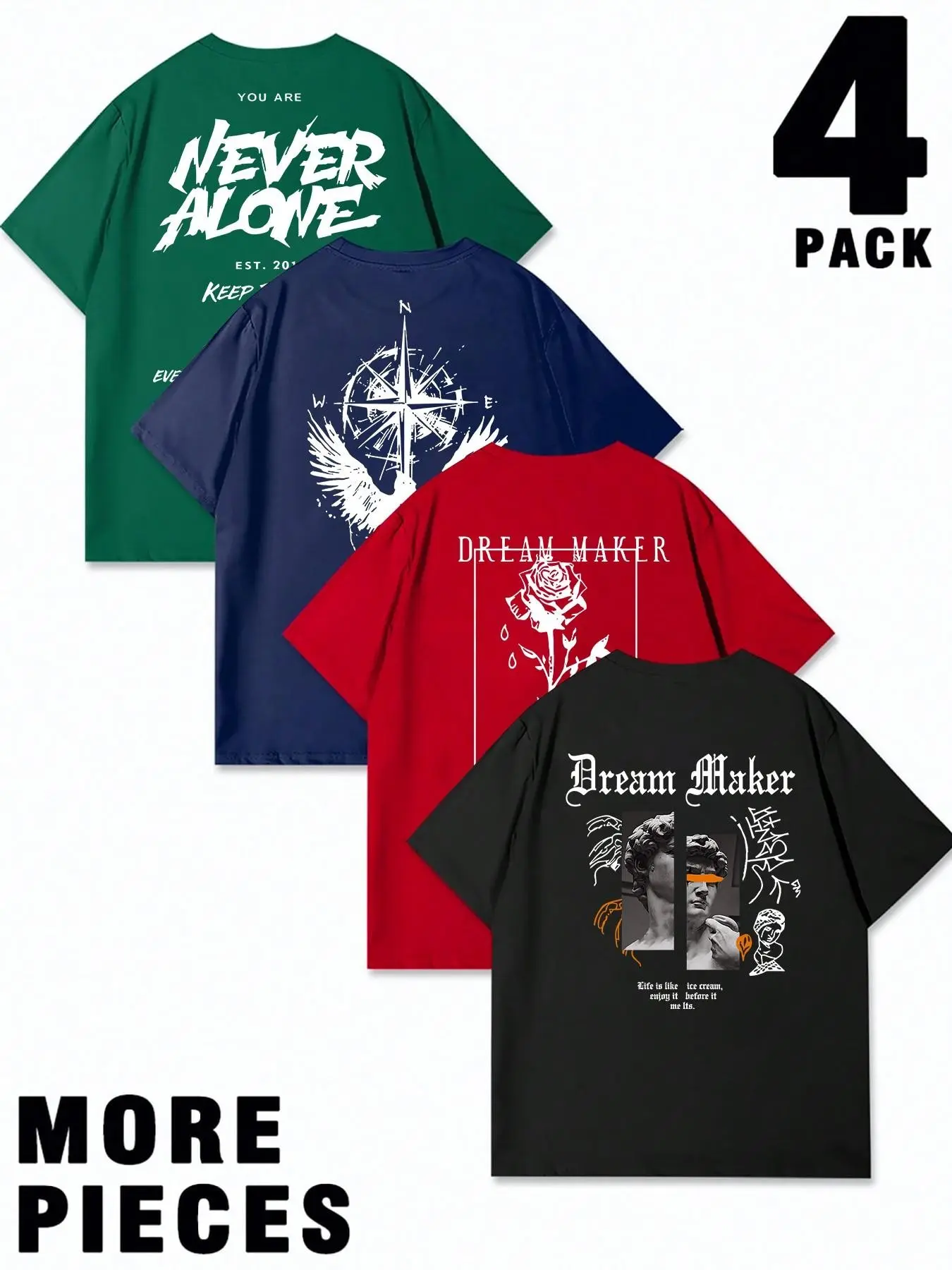 4-Pack Men's American High Street Large Graphic Print Round Neck Short Sleeve T-Shirts, Comfortable Unrestricted, Summer Daily Commute Sport Casual Tops