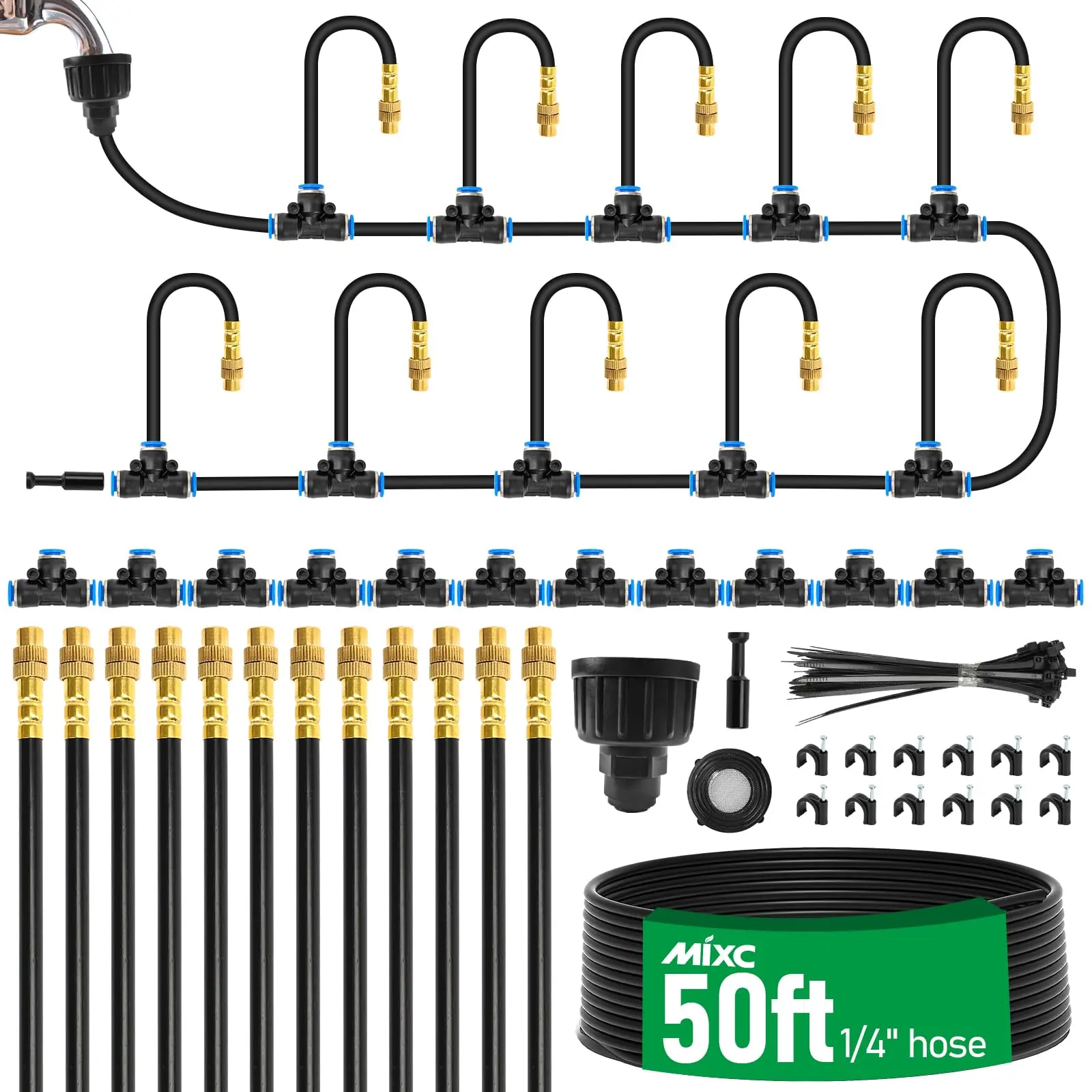 2026-Upgrade Drip Irrigation Kit for DIY Gardeners, 50 Ft Length 1/4" System with 12 Adjustable Copper Nozzles, Flexible Rods, Automatic Atomizing Watering for Outdoor Plants, Raised Beds
