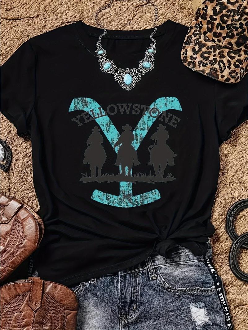Yellowstone Graphic Tee for Women 180g Black Cotton Crewneck Shortsleeve T-Shirt Western Cowboy Silhouette Design Casual Lightweight Summer Womenswear Fitted Tops Tshirt Streetwear