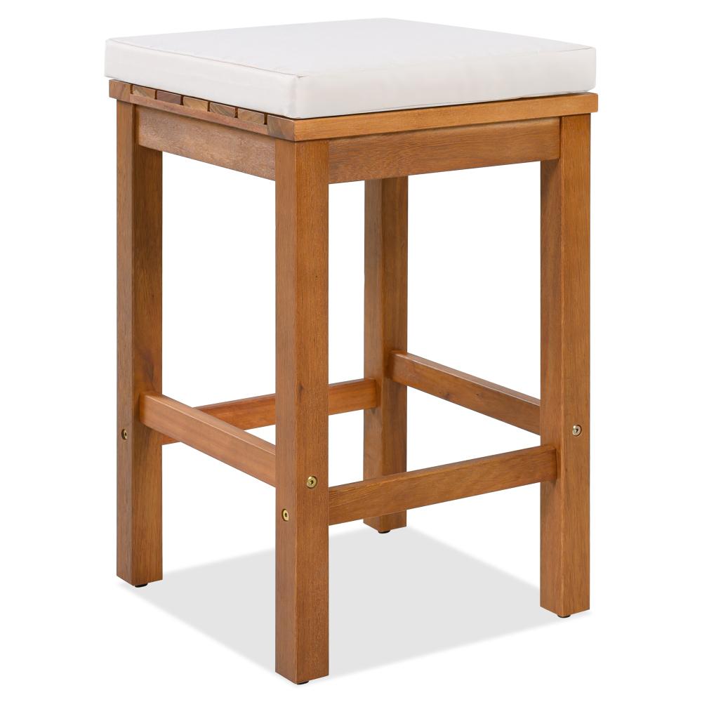 5 Piece Outdoor Bar Set, Patio Acacia Wood Bar Height Table & Four Stools with Cushions, Wood Dining Bar Set for Backyard, Poolside, Balcony, Beige Cushion and Natural Wood 5 Piece Outdoor Bar Set, Patio Acacia Wood Bar Height Table & Four Stools with Cushions, Wood Dining Bar Set for Backyard, Poolside, Balcony, Beige Cushion and Natural Wood