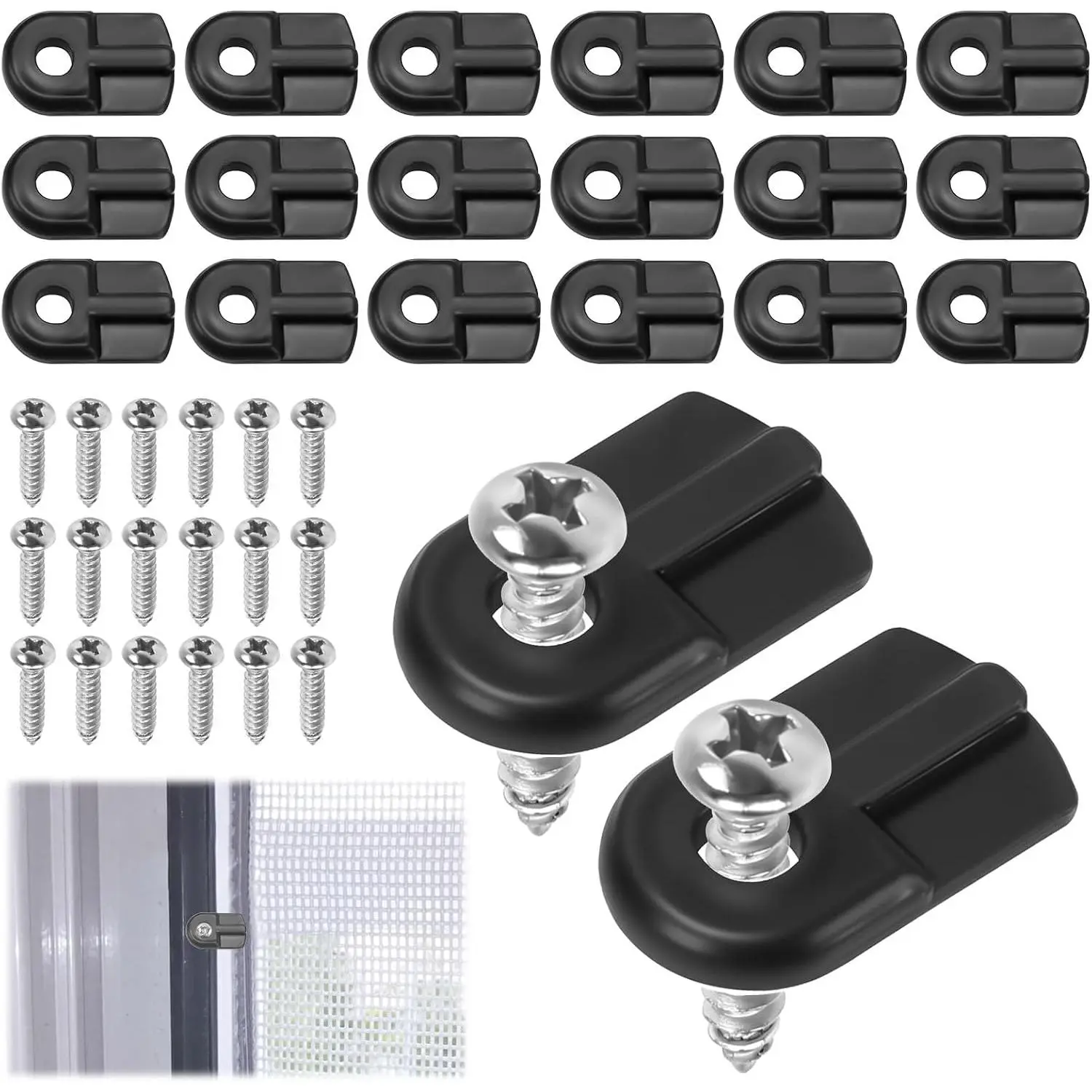 20 Pack Window Screen Clips, PL 7906 Flush Window Screen Holder Clips, Storm Window Clips with Screws, for Securing Window Screens and Storm Windows, Black
