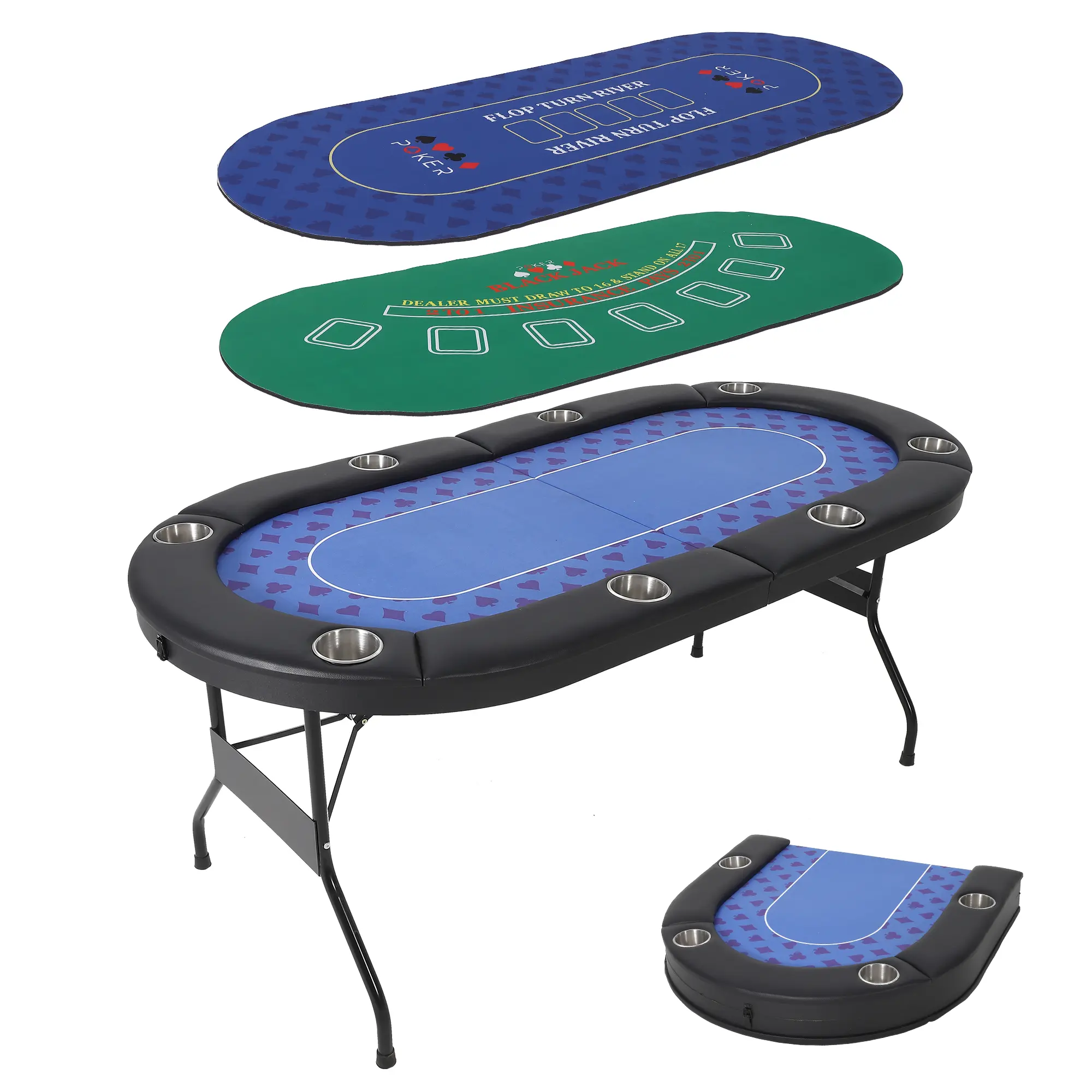 8 Player Folding Poker Table with 2 Interchangeable Game Mats, Game Table with Padded Rails & Cup Holders, Instant Setup for Family Game Night, Party