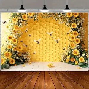 Sunflower Bee Honeycomb Backdrop Rustic Garden Style Tapestry Wall Hanging, Floral Photography Background, Premium Polyester Decorative Banner for Wedding Shower, Birthday Party, Photo Studio, Indoor Outdoor Celebration