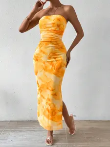 LovelyWholesale, Mother's Day for under ten dollars, don't miss out! Women's All Over Print Ruched Backless, Strapless Split Thigh Bodycon Fit Tube Dress, Sundress Maxi Dress, Long Dress for Spring And Summer, Ladies Clothes for Beach Holiday Elegance
