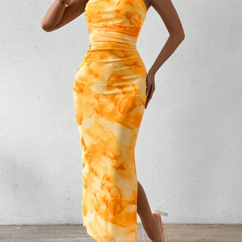 LovelyWholesale, Mother's Day Under $10, Women's All Over Print Ruched Backless, Strapless, Sleeveless Split Thigh Bodycon Fit Tube Dress, Sundress Maxi Dress, Elegant Fashion Dress, for Spring And Summer, Beach Holiday Elegance, Backless Fitted Dress