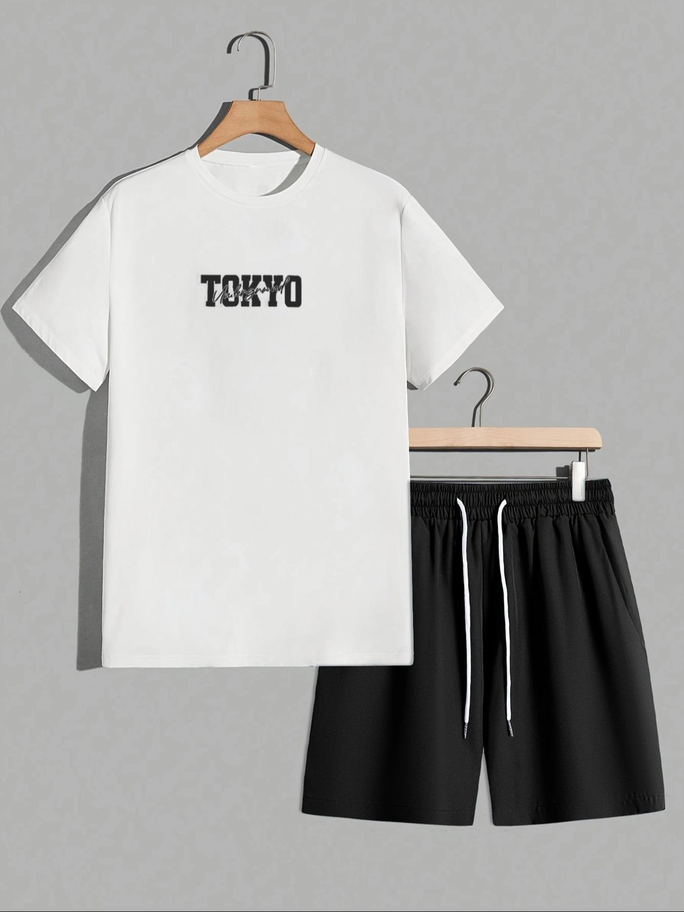 Two-Piece Set Men's Car Print Tee & Shorts, Regular Fit Casual Round Neck Short Sleeve T-shirt & Track Shorts, Men's Summer Clothes