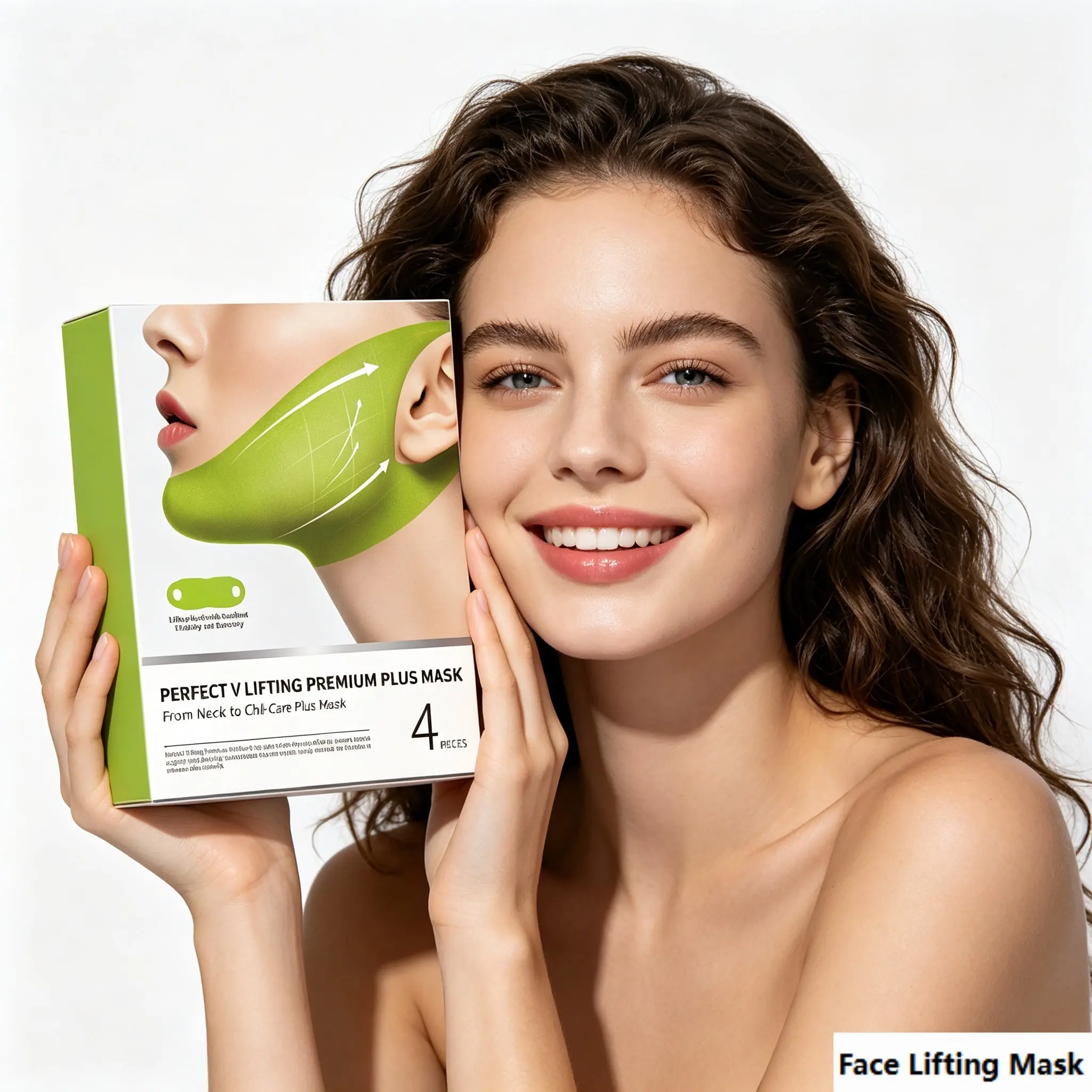Tightening Chin Mask 4 Pcs, Cactus Collagen V Face Lifting Bandage, Ear-Hook Mask for Skin Care, Nylon Fabric & Water Gel