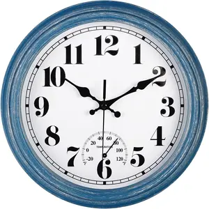 12 Inch Indoor/Outdoor Retro Waterproof Wall Clock with Thermometer Silent Round Quartz Battery Operated Easy to Read Decorative for Kitchen Patio,Bathroom,Deck,Porch,Pool(Blue)