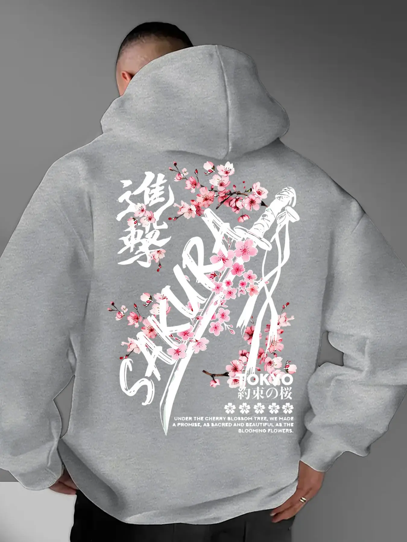 Men's Casual Loose Fit Hooded Sweatshirt, Graphic Print Letter Cherry Blossom Samurai Sword, Fall & Winter Fleece Lined Men's Top