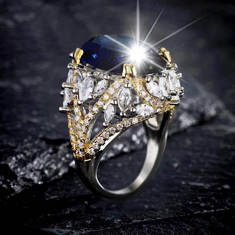Regal Two-Tone Statement Ring for Women | Large Marquise-Ellipse Simulated Sapphire Ring | Vintage Royal Court Luxury Jewelry | Bold High-End Fashion Accessory
