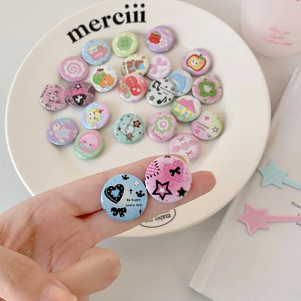 Cute Mini 25mm Iron Badge Set of 6, Cartoon Pattern Pins, Aesthetic Journal Decor, Vintage Stationery Accessories, Teen Student Scrapbook & Backpack Decor