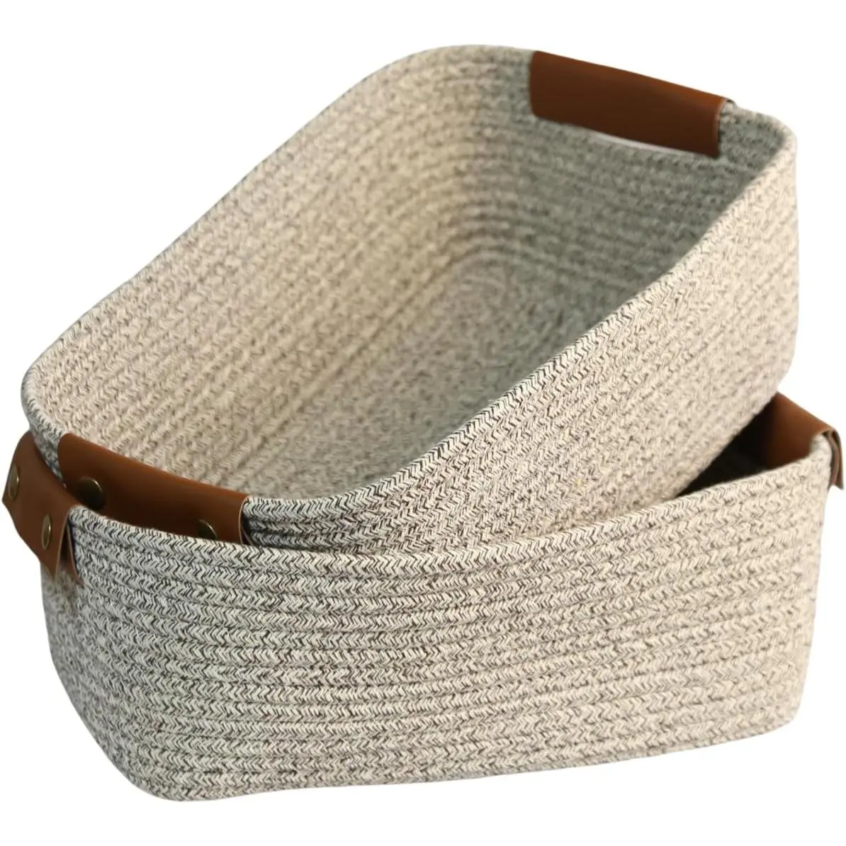 2-Pack Durable Textured Cotton Rope Storage Baskets - Handmade Brown Rectangle Bins with Leather Handles, 13.8x9.8x5.1in Woven Organizers for Home Bedroom Decor Ideas, Bathroom Use, 13.8X9.8x5.1"