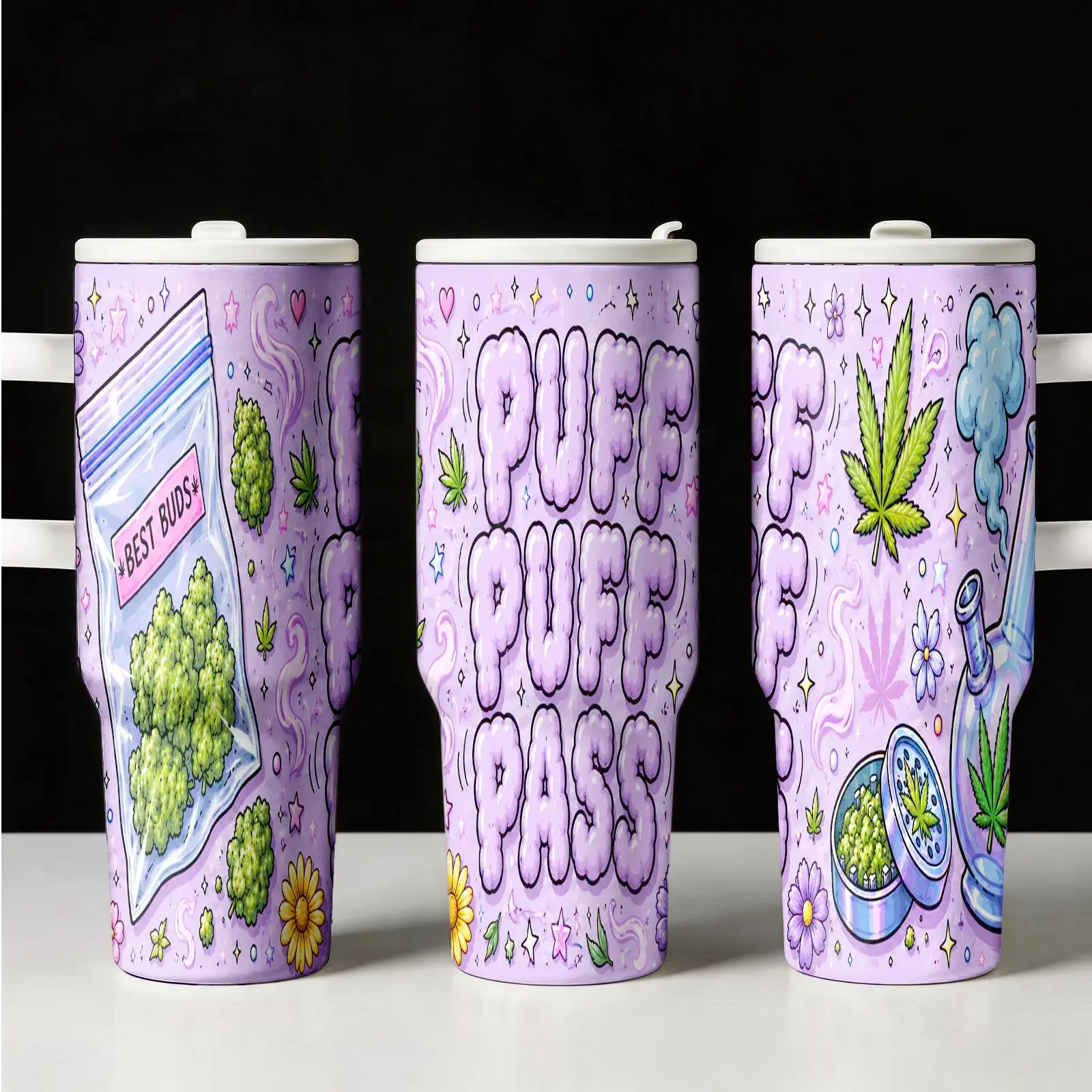 Puff Puff Pass 40oz Tumbler, Flasks, Lid and Handle, 420 Cannabis Leaf, Stainless Steel Insulated Travel Cup, Drinkware, Durable Design